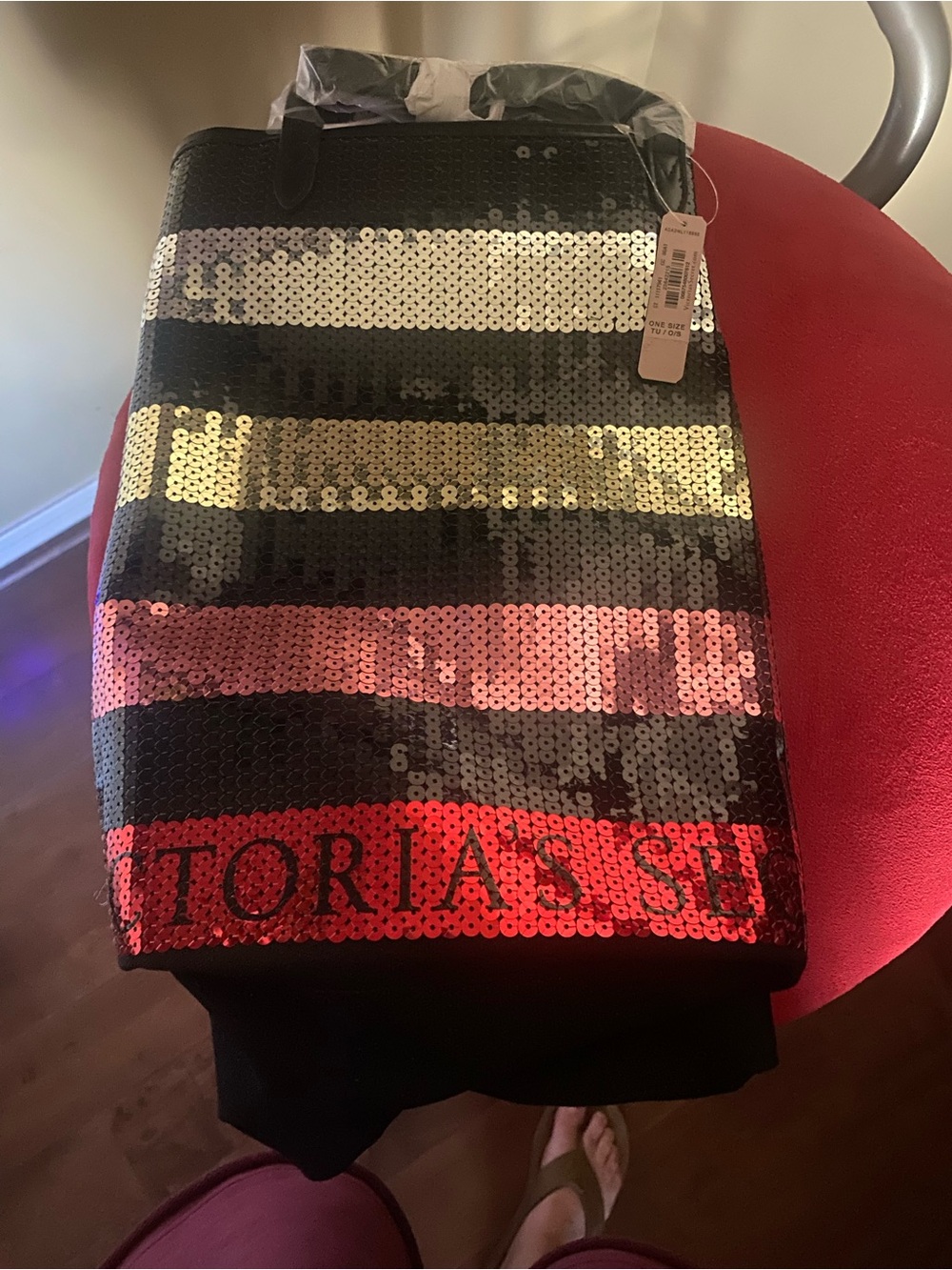 Victoria's Secret Black Sequin Tote with Gold & Pink Stripes